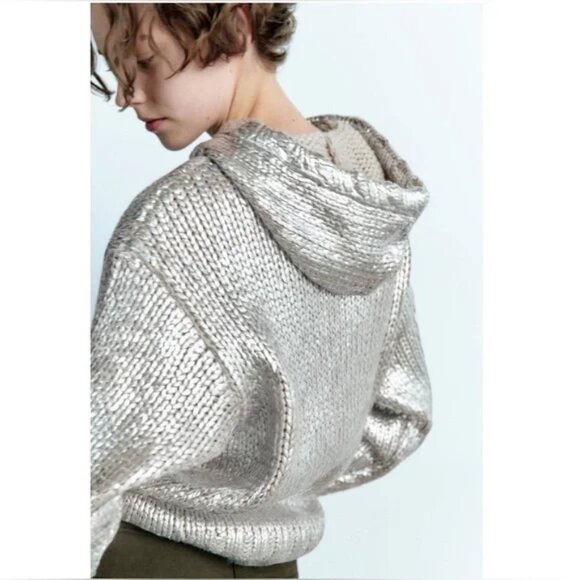Zara Sweater Women's Large Metallic Silver Foil Hooded Knit Pullover Sweatshirt - Picture 2 of 15